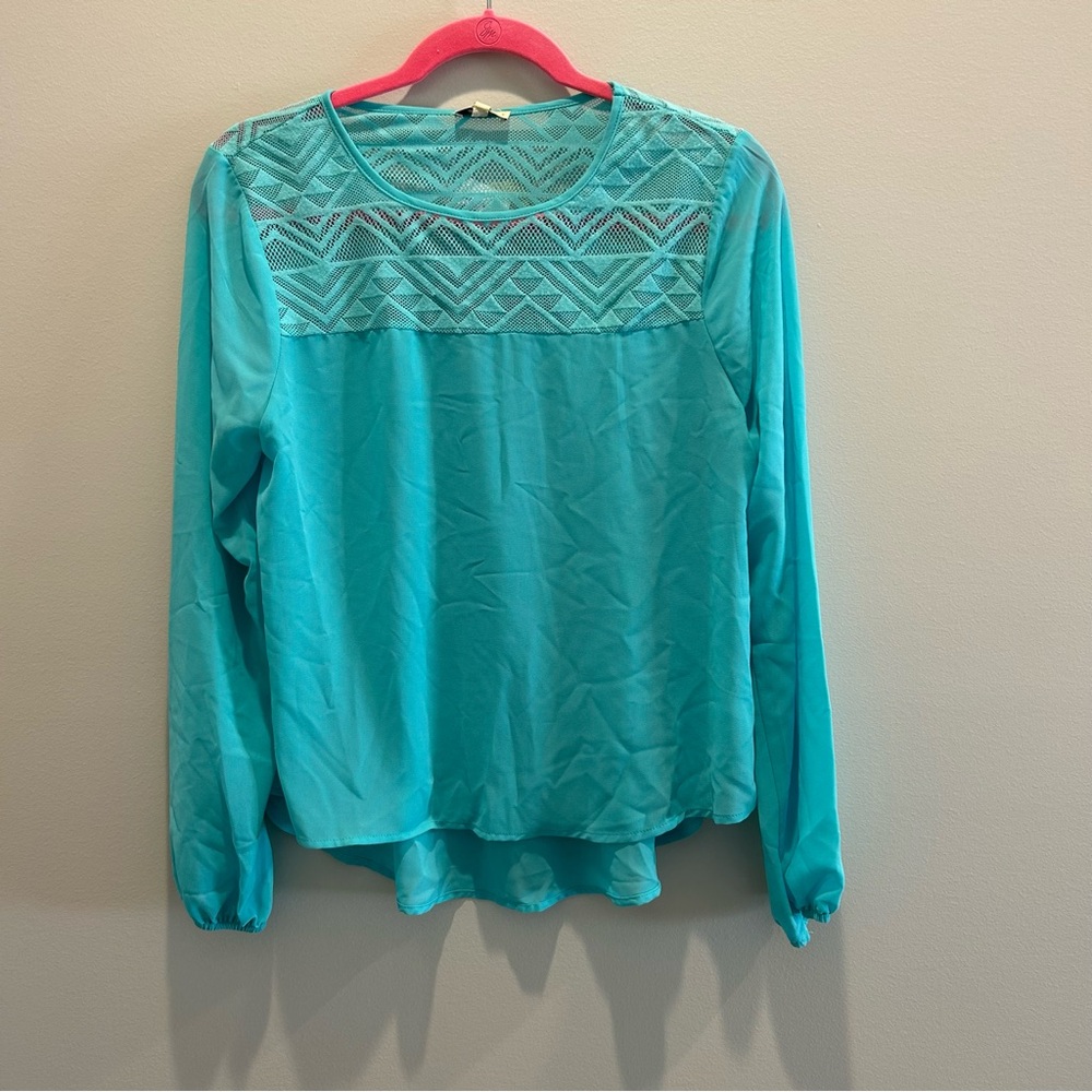 Lily Star Teal Blouse with Geometric Lace NWT